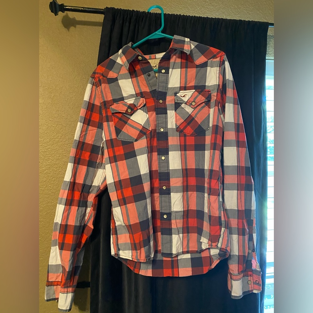 Hollister men’s large orange blue and white button up shirt